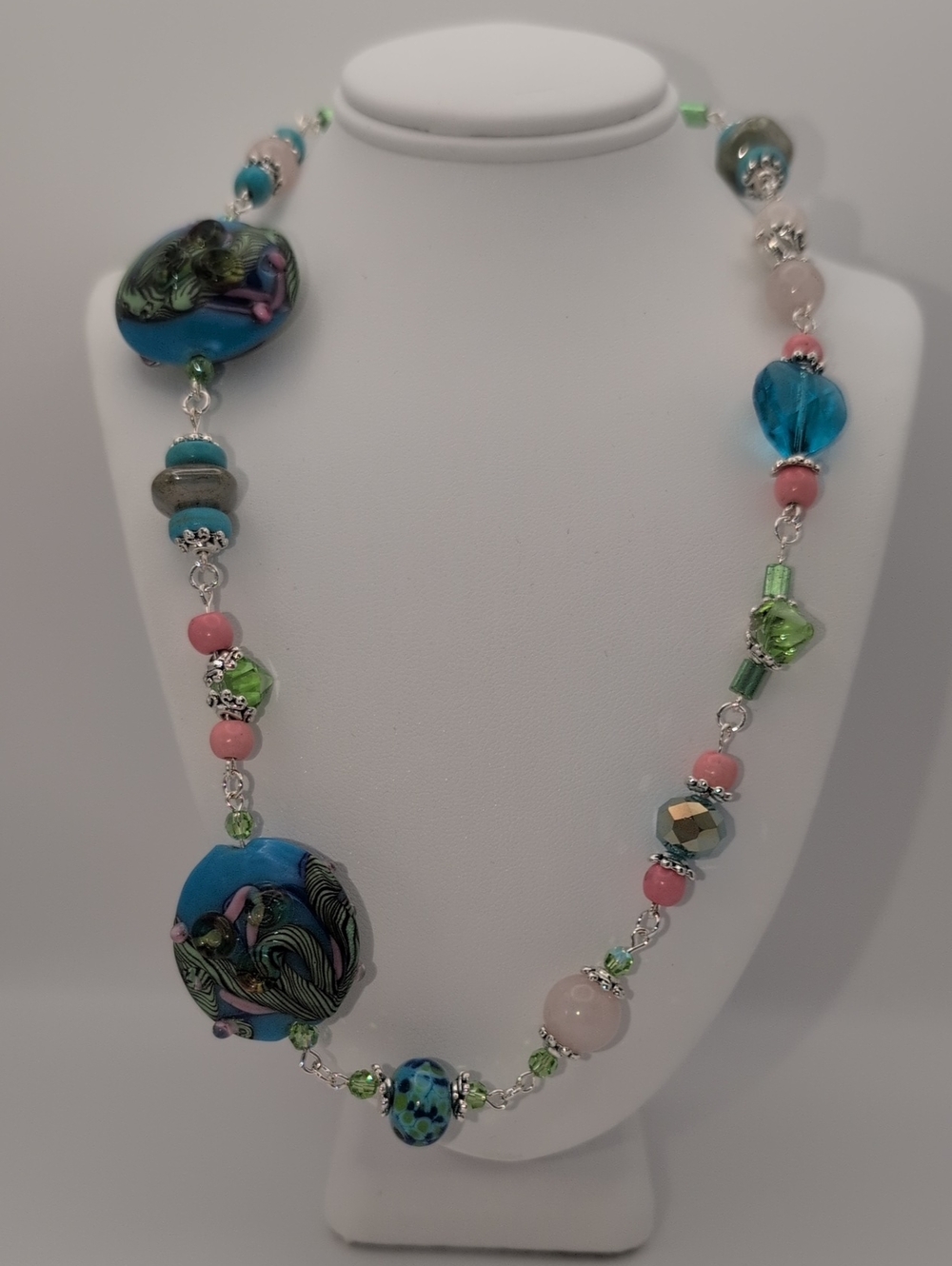 Handcrafted Blue & Pink hand Blown Glass, Rose Quartz, Crystal Bead Necklace 18"